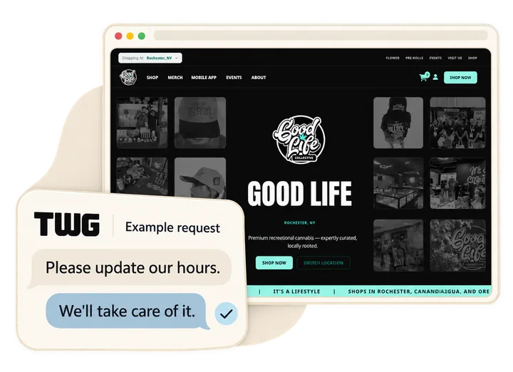 An example request to us, “Please update our hours.”, answered with “We’ll take care of it.”, in front of the Good Life Collective website we built