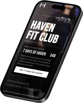 The Haven Fit Club website we built, on a phone