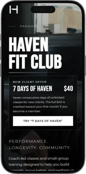 The Haven Fit Club website we built, on a phone